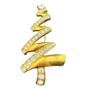 Monet Gold-Tone Rhinestone Christmas Tree Pin Brooch Elegant Holiday Jewelry Gif